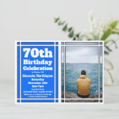 Blue Photo 70th Birthday Party Invitation Kaart (Staand voorkant)