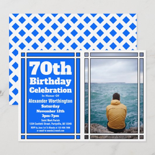 Blue Photo 70th Birthday Party Invitation Kaart (Voorkant / Achterkant)