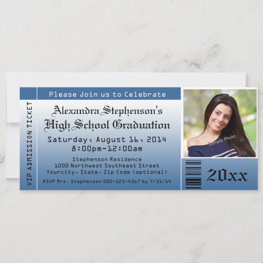 Blue Photo Afstuderen Ticket Invitations Kaart (Voorkant)