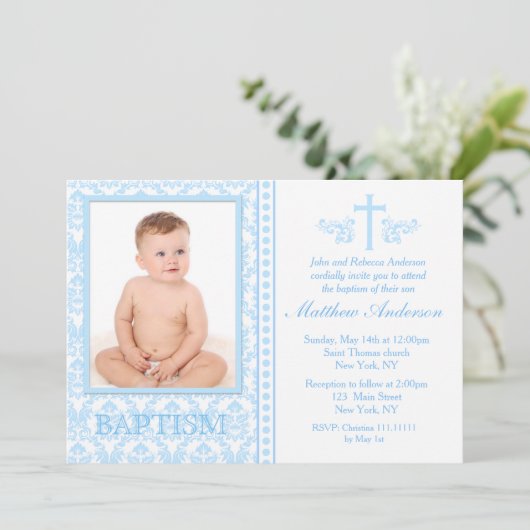 Blue Photo Baptism-uitnodigingen Kaart (Staand voorkant)
