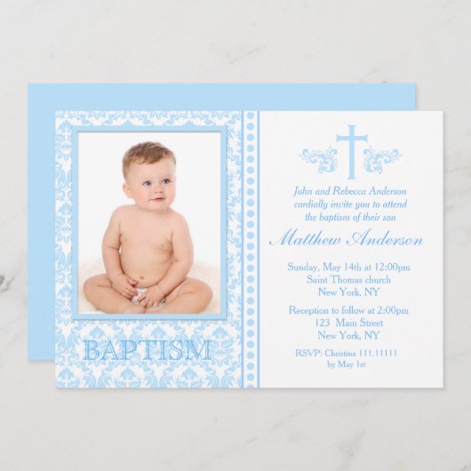 Blue Photo Baptism-uitnodigingen Kaart (Voorkant / Achterkant)