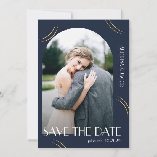 Blue Photo Big Typography Wedding Save The Date (Voorkant)