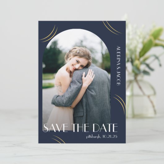 Blue Photo Big Typography Wedding Save The Date (Staand voorkant)