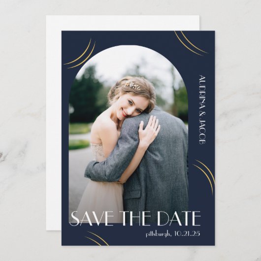 Blue Photo Big Typography Wedding Save The Date (Voorkant / Achterkant)