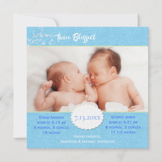 Blue Photo Birth Aankondiging voor Twin Boys (Voorkant)