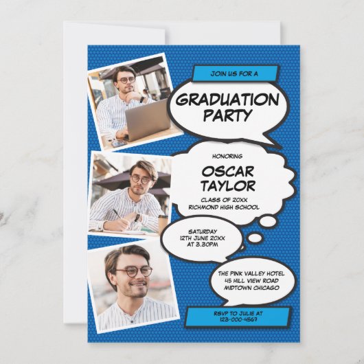 Blue Photo Collage Modern Fun Graduparty Kaart (Voorkant)