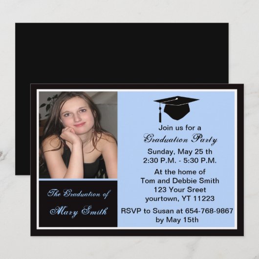 Blue Photo Graduation Party Invitation Kaart (Voorkant / Achterkant)