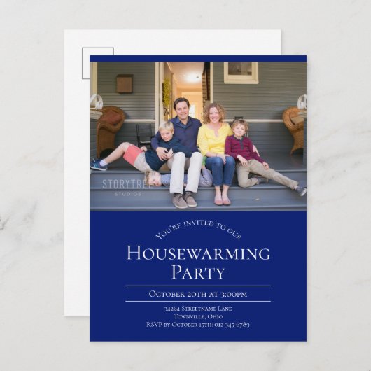Blue Photo Housewarming Invitation Briefkaart (Voorkant / Achterkant)