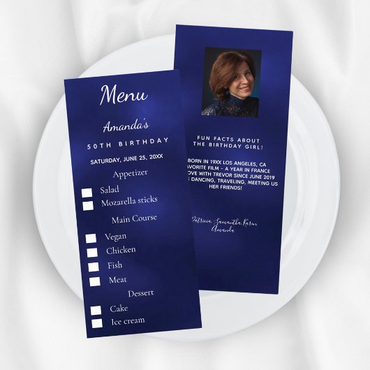 Blue photo meal options fun facts birthday menu