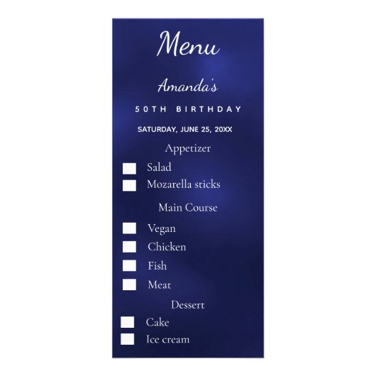 Blue photo meal options fun facts birthday menu (Voorkant)