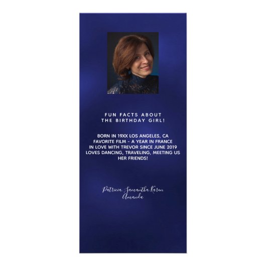 Blue photo meal options fun facts birthday menu (Achterkant)