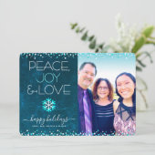 Blue Photo Peace Joy Love Script Snowflake Modern Feestdagenkaart (Staand voorkant)