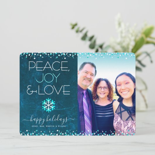Blue Photo Peace Joy Love Script Snowflake Modern Feestdagenkaart (Staand voorkant)