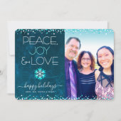 Blue Photo Peace Joy Love Script Snowflake Modern Feestdagenkaart (Voorkant)