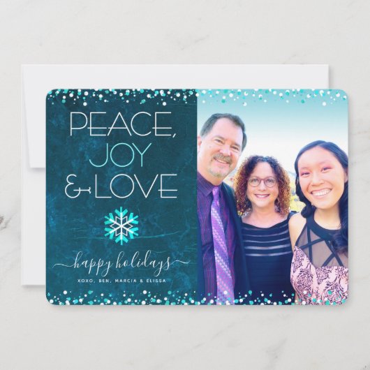 Blue Photo Peace Joy Love Script Snowflake Modern Feestdagenkaart (Voorkant)