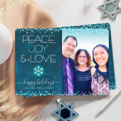 Blue Photo Peace Joy Love Script Snowflake Modern Feestdagenkaart