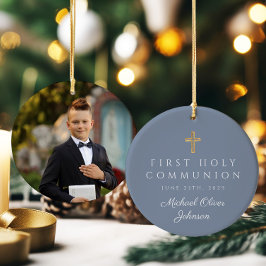 Blue Photo Religious Cross Boy First Community Keramisch Ornament