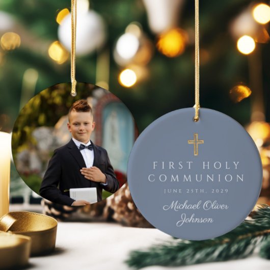 Blue Photo Religious Cross Boy First Community Keramisch Ornament