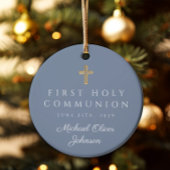 Blue Photo Religious Cross Boy First Community Keramisch Ornament