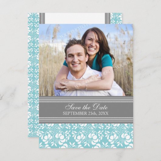 Blue Photo Sla de datum bruiloft Briefkaarten (Voorkant / Achterkant)