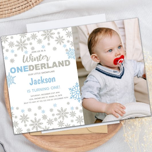 Blue Photo SnowFlake Winter Birthday Onederland Kaart