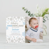 Blue Photo SnowFlake Winter Birthday Onederland Kaart (Staand voorkant)
