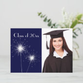 Blue Photo Sparkler Afstuderen Uitnodigen Kaart (Staand voorkant)