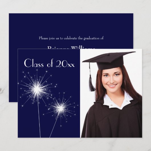 Blue Photo Sparkler Afstuderen Uitnodigen Kaart (Voorkant / Achterkant)