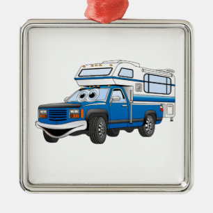 Blue Pick Up Camper Cartoon Metalen Ornament