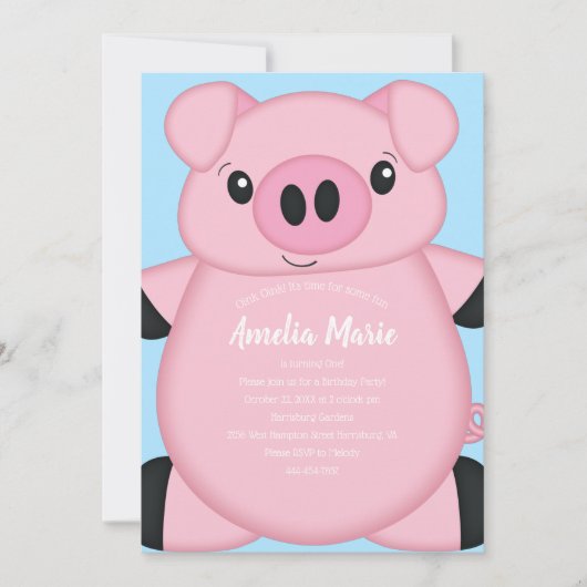 Blue Pig Birthday Party Kaart (Voorkant)