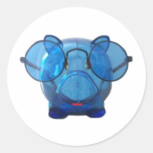 Blue Piggy Bank met bril Ronde Sticker