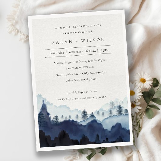 Blue Pine Bossen Mountain Rehearsal Dinner Invite Bedankkaart