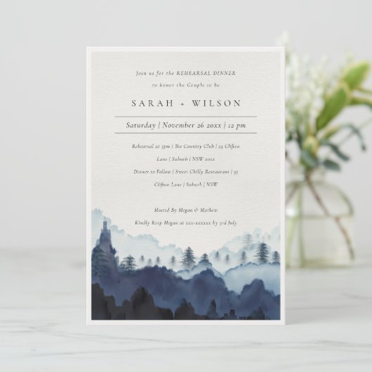 Blue Pine Bossen Mountain Rehearsal Dinner Invite Bedankkaart (Staand voorkant)