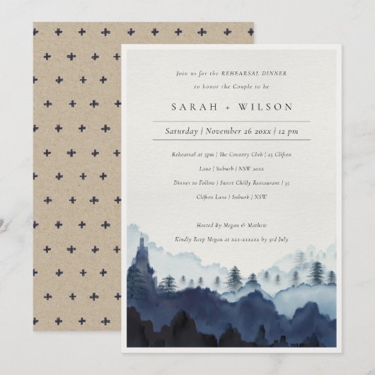 Blue Pine Bossen Mountain Rehearsal Dinner Invite Bedankkaart (Voorkant / Achterkant)
