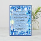 Blue Pine Candles Baubles kerstparty uitnodigen Kaart (Staand voorkant)