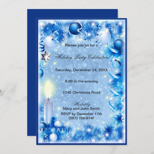 Blue Pine Candles Baubles kerstparty uitnodigen Kaart (Voorkant / Achterkant)