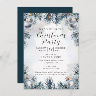 Blue Pine Christmas Party Invitation Kaart