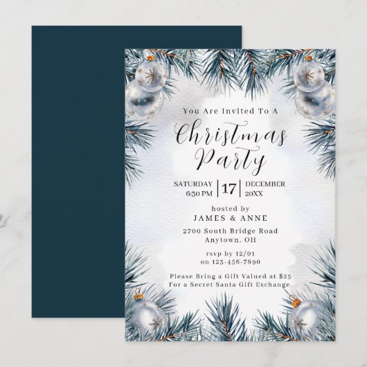 Blue Pine Christmas Party Invitation Kaart (Voorkant / Achterkant)