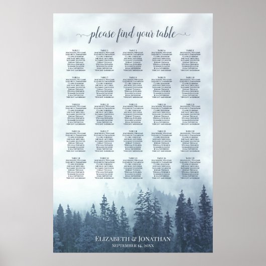 Blue Pine Forest 25 Table Wedding Seating Chart Poster (Voorkant)