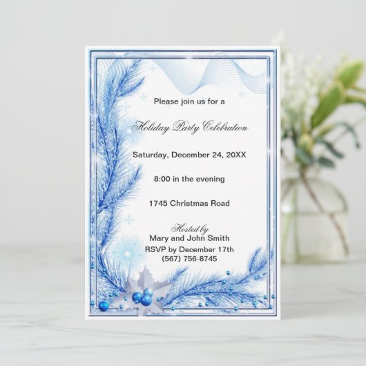 Blue Pine Holly kerstfeest uitnodiging (Staand voorkant)