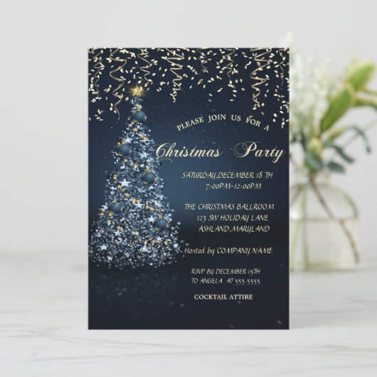 Blue Pine Tree Gold-kerstfeest Kaart (Staand voorkant)