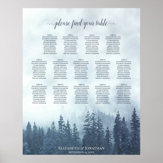 Blue Pine Trees 14 Table Wedding Seating Chart Poster (Voorkant)