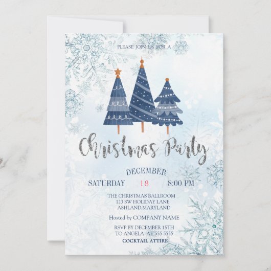 Blue Pine Trees Snowflakes kerstmis Company Party Kaart (Voorkant)