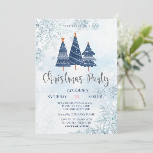 Blue Pine Trees Snowflakes kerstmis Company Party Kaart (Staand voorkant)