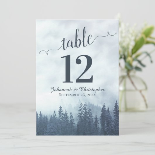 Blue Pine Trees Wedding Table Number Kaart Large (Staand voorkant)