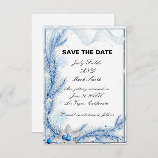 Blue Pine Winter Christmas Save The Date Kaart (Voorkant / Achterkant)