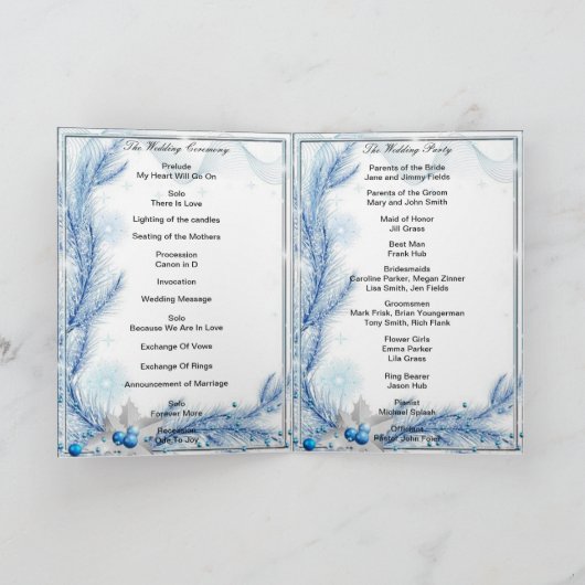 Blue Pine Winter Kerstbruiloft Program Kaart (Binnen)