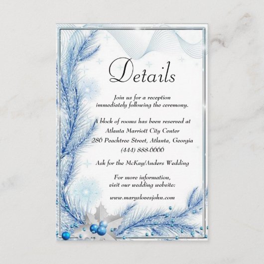 Blue Pine Winter Kerstmis Bruiloft Details Informatiekaartje (Voorkant)