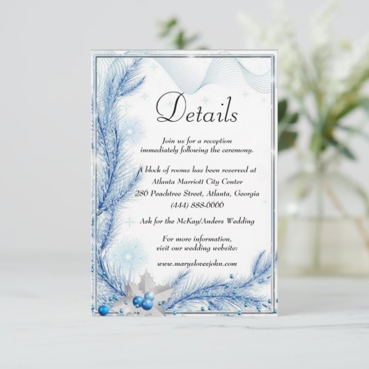 Blue Pine Winter Kerstmis Bruiloft Details Informatiekaartje (Staand voorkant)