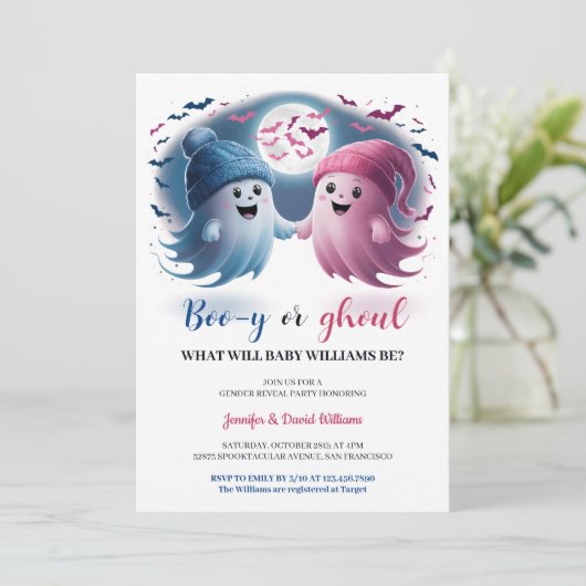 Blue Pink Boy of Ghoul Halloween Genderonthulling Kaart (Staand voorkant)